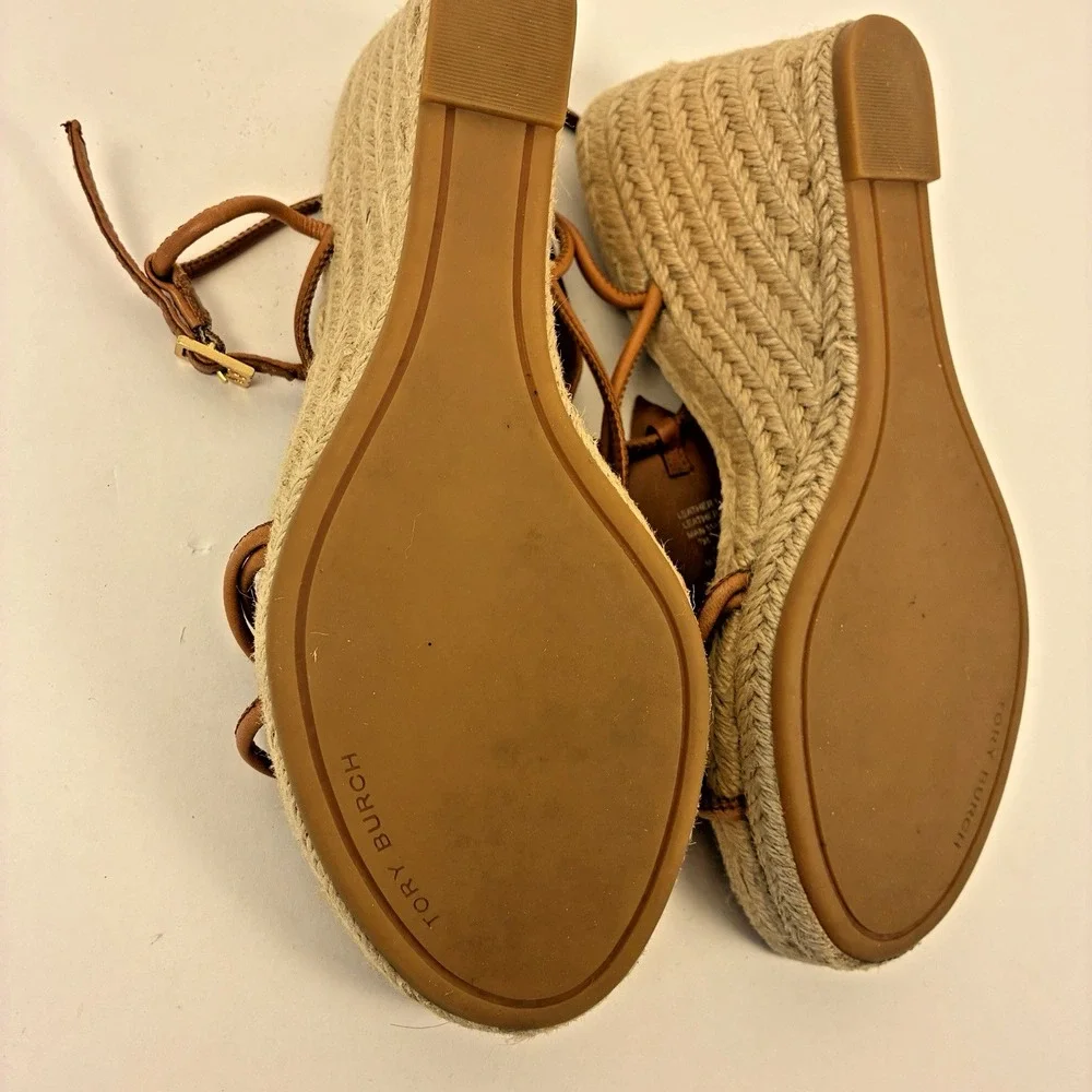 Tory Burch Brown Diamond Patch Espadrille Wedge Strappy Sandal Women's Size 7